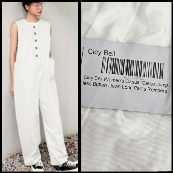 Cicy Bell Casual Cargo Jumpsuit Loose Utility Sleeveless Romper Sz L - Picture 11 of 11